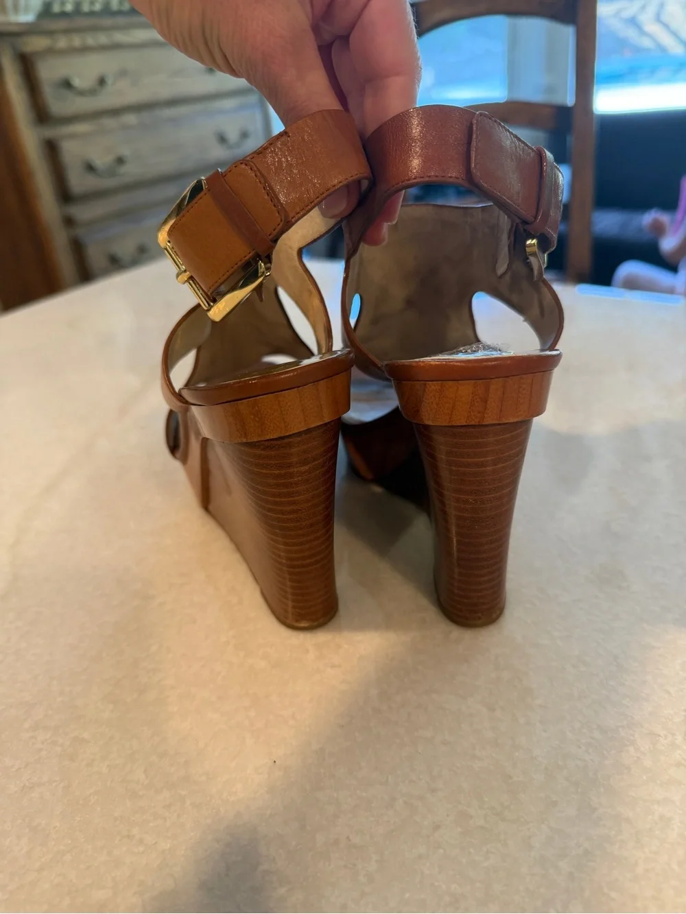 Michael Kors Cognac Leather Cutout Wedge Sandals with Gold Buckle